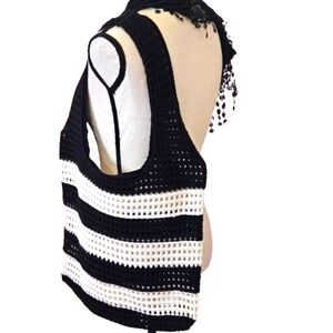 Hobo Black/Cream Stripe Crochet Knit Bohemian Tote Handbag,Large,NWOT